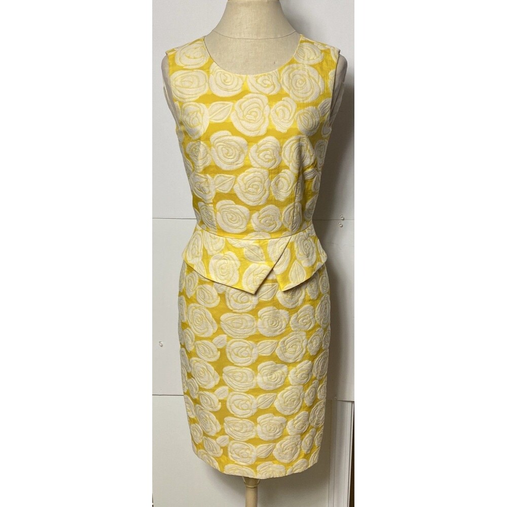 Antonio Melani Yellow White Rose Jacquard Peplum Sheath Dress Size 2 Lined